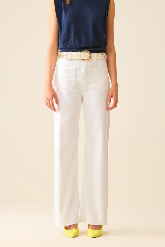 White Straight Leg pants With Front Pockets - Coloured Jeans
