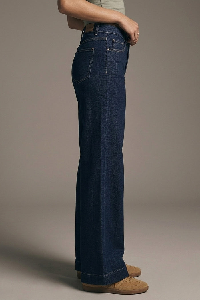 Wide-leg high-waisted jeans in dark denim with contrast stitching - Denim