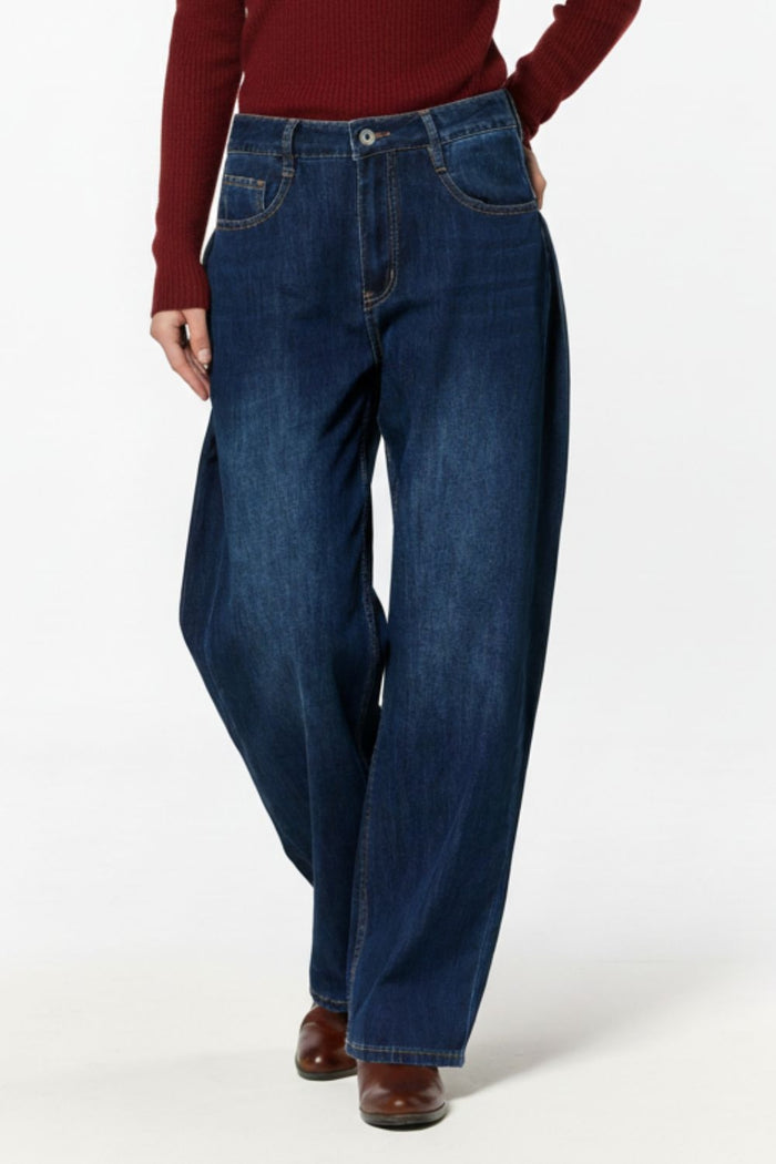 Wide Leg Jeans With Side Dart Detail in Deep Blue - Denim