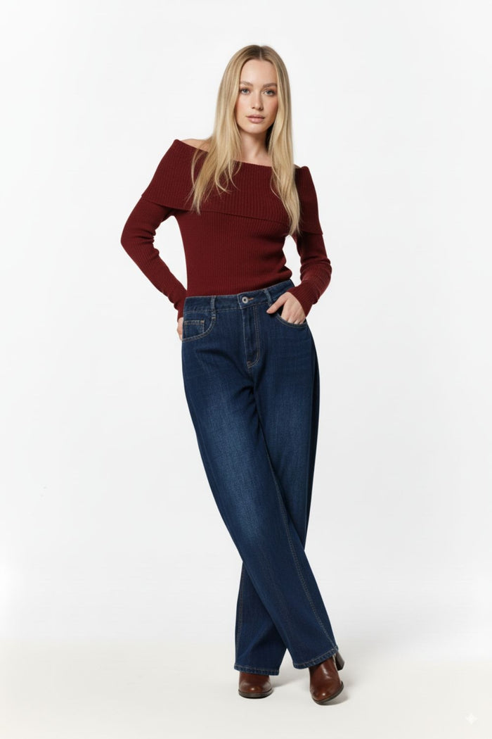 Wide Leg Jeans With Side Dart Detail in Deep Blue - Denim