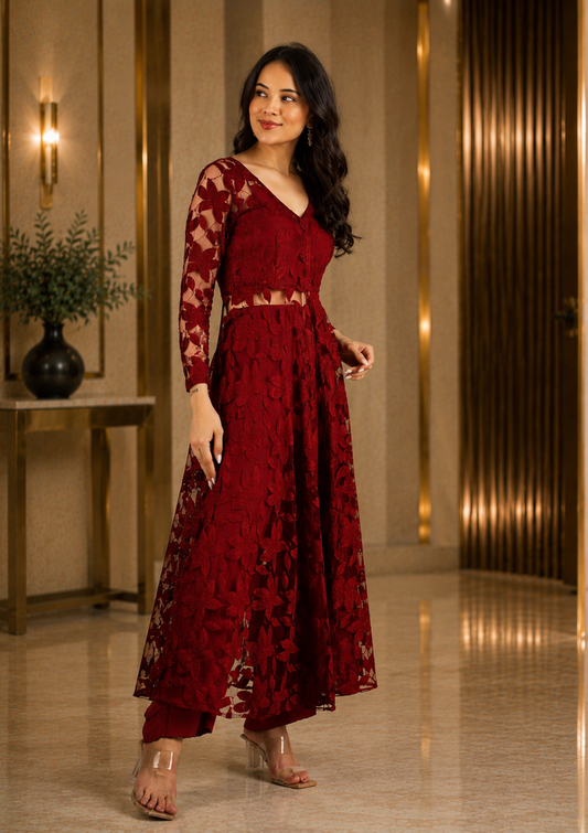 Wine Red Net Kurti With Floral Lace Detailing