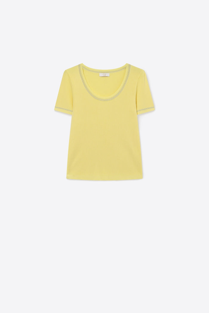 Yellow Ribbed Knit Scoop Neck sweater with shiny lurex trim