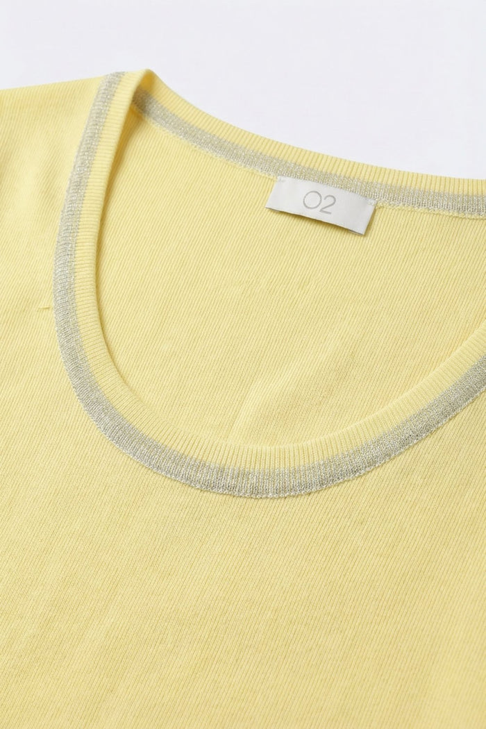Yellow Ribbed Knit Scoop Neck sweater with shiny lurex trim