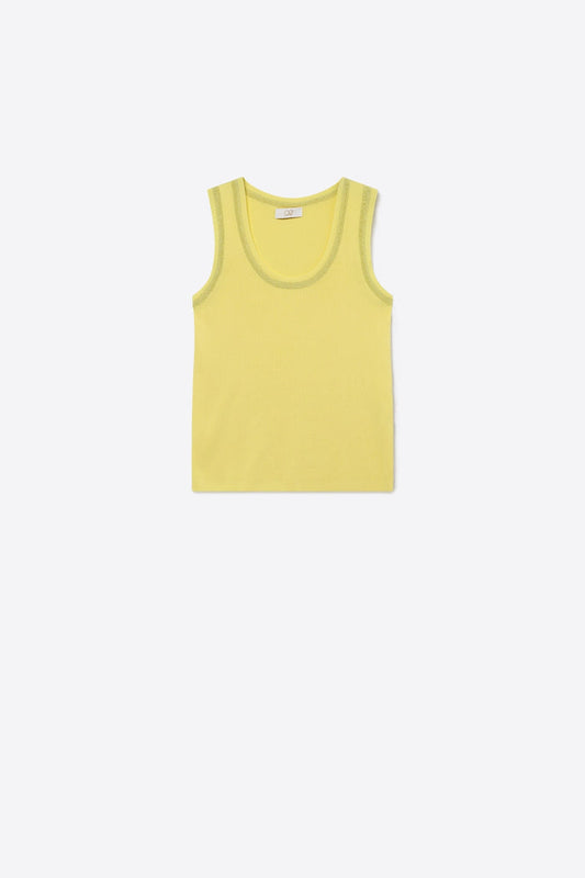 Yellow Ribbed Knit top with with Metallic Trim